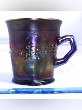 Antique Fenton Orange Tree Carnival Glass Mug - cobalt blue